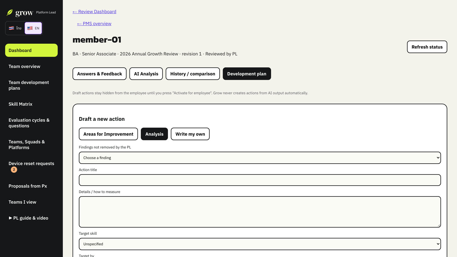 Draft a new action from an area to develop, an AI finding, or your own idea.