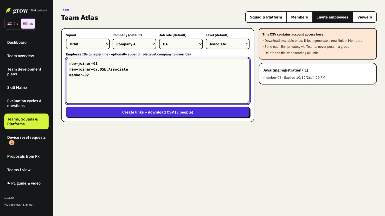 Invite several people at once. Grow returns a CSV of one-time links.