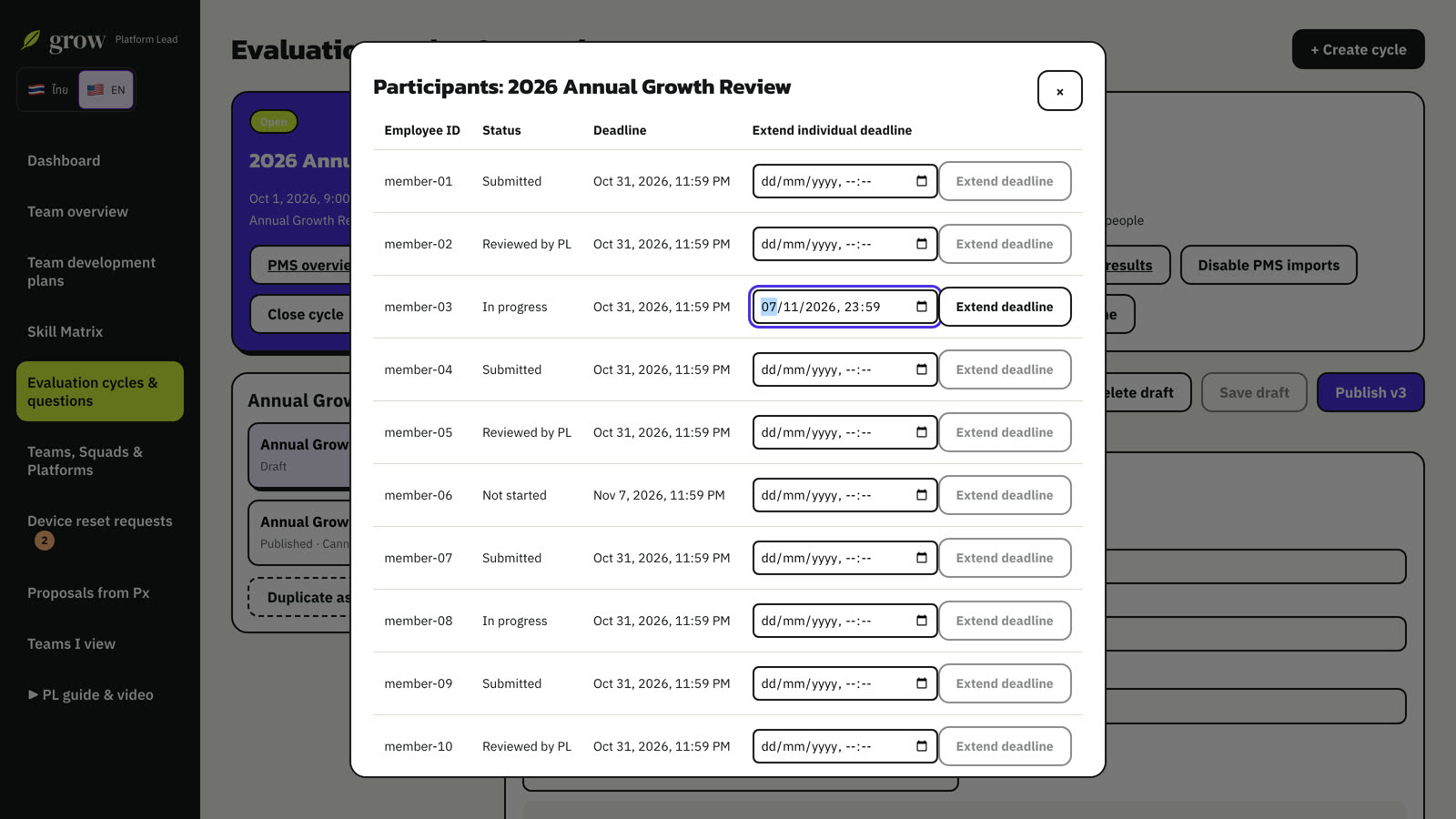 Extend one participant's deadline.
