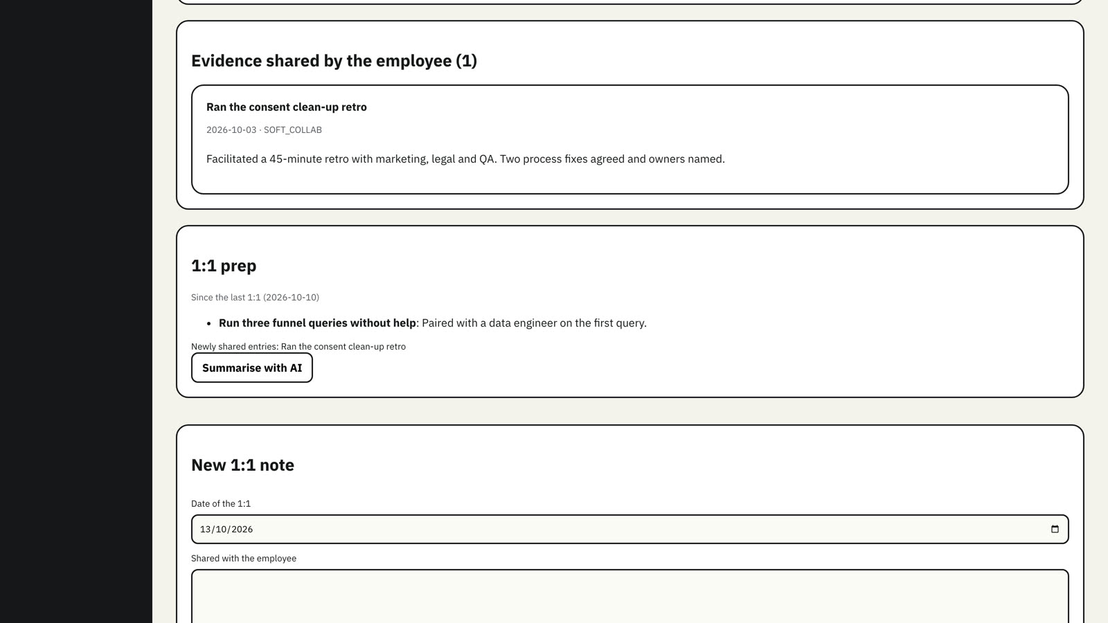 Development plan, 1:1 prep and a new 1:1 note.