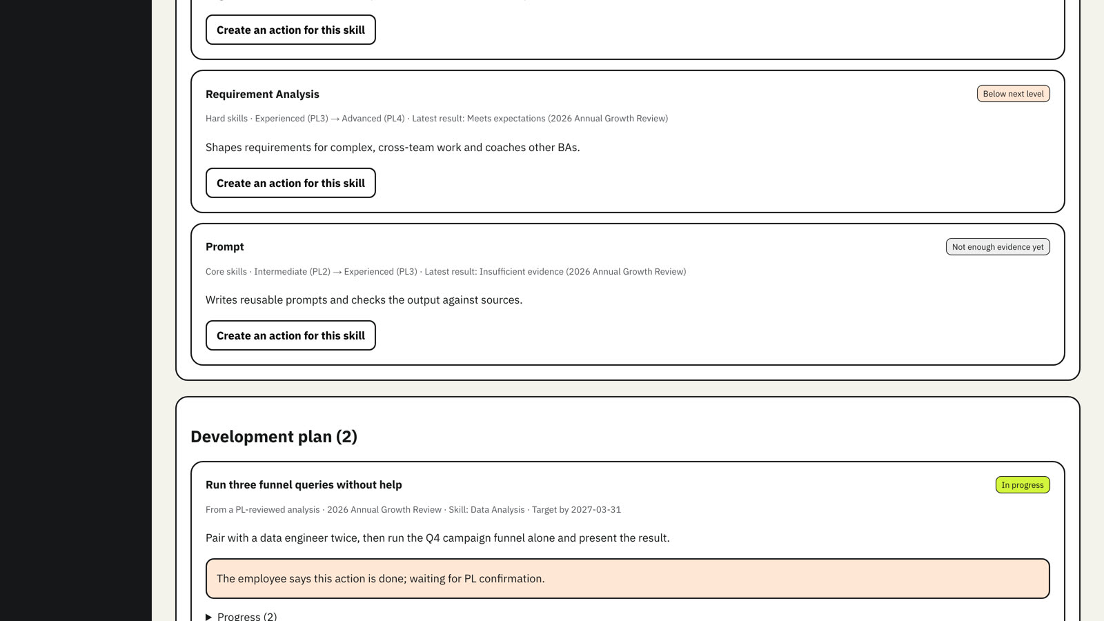 Other skills held, and the path to the next level with one-click draft actions.