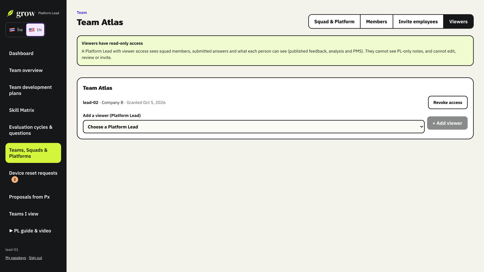 Grant or revoke read-only access for another Platform Lead.