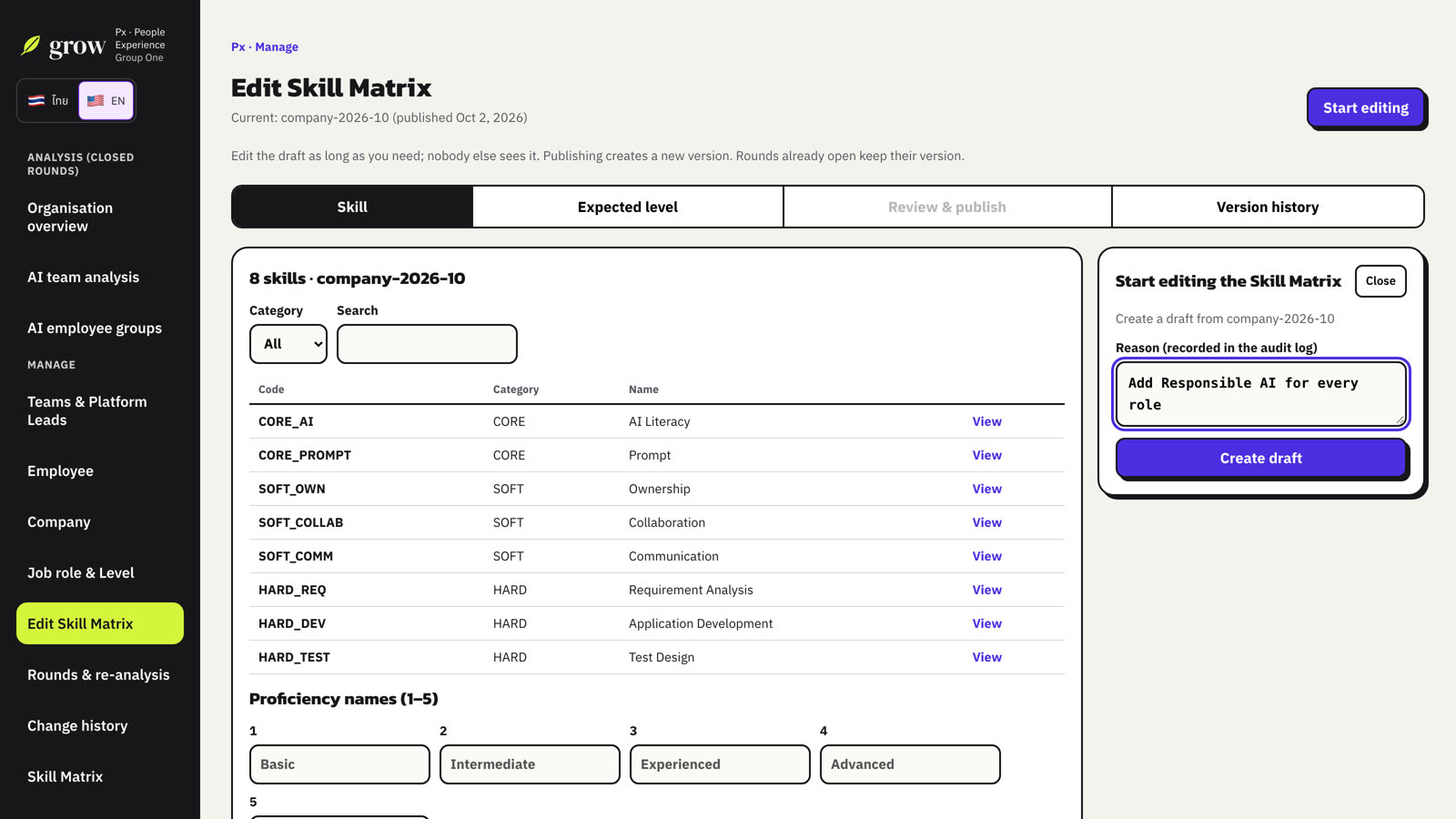 Start editing: Grow creates a draft from the current version.