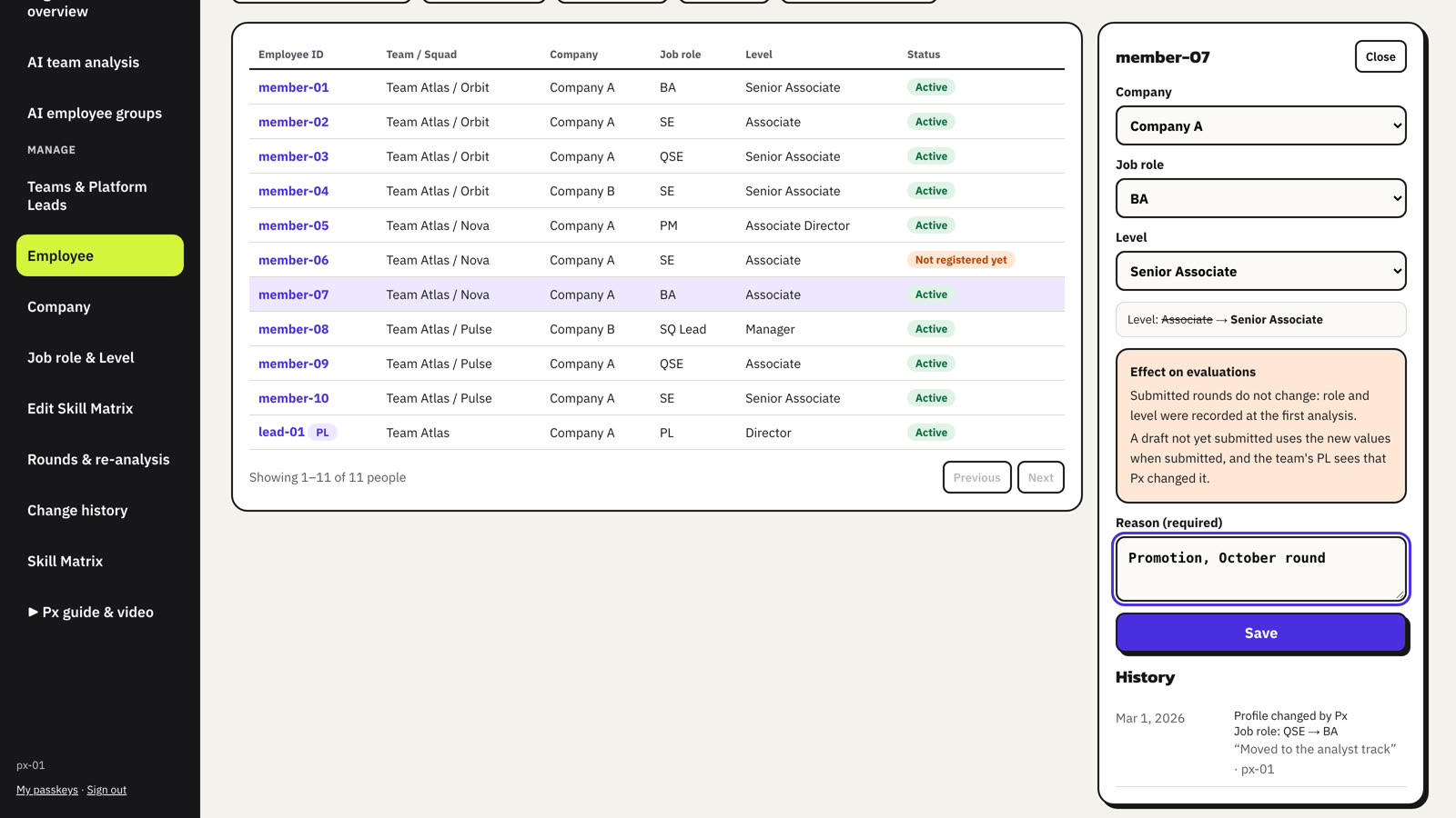 Edit a profile with a reason. The person's history is shown below.