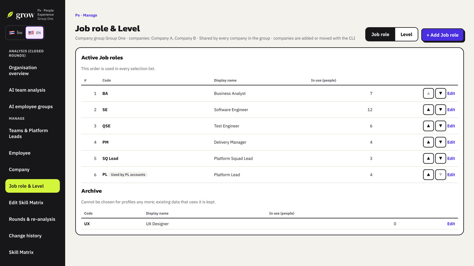 Active job roles in display order, with the number of people using each. Archived roles are listed below.