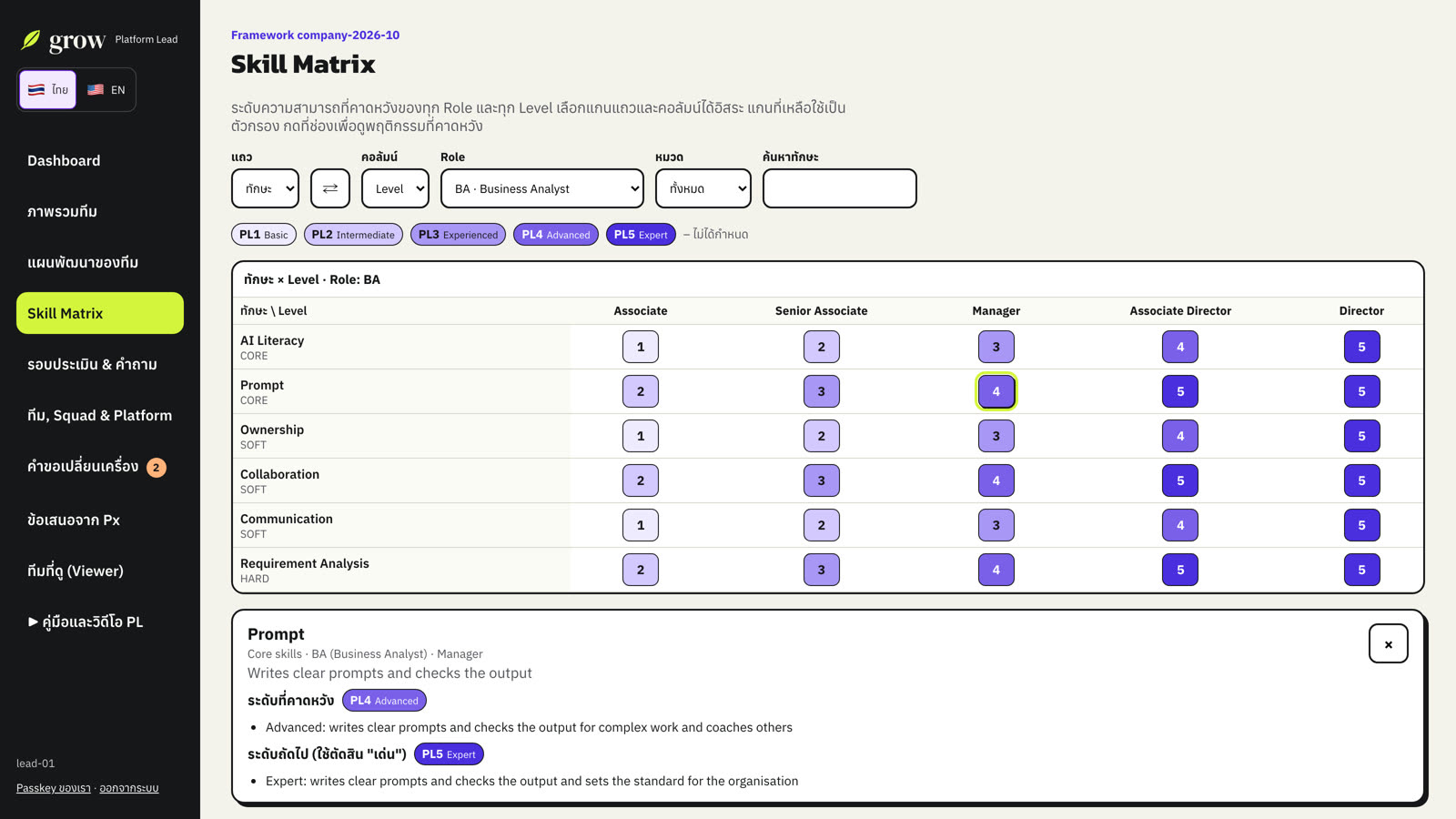 Skill Matrix แบบ pivot พร้อมช่องที่เลือก